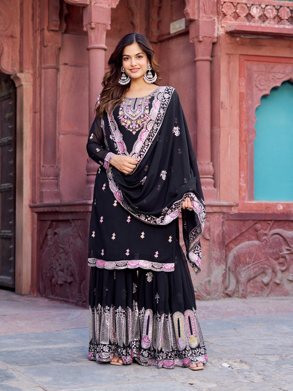 Attractive Sequence Work Black Color Sharara Suit