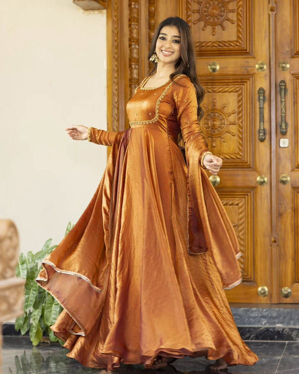 Elegant Fandy Silk Brown Color Gown
