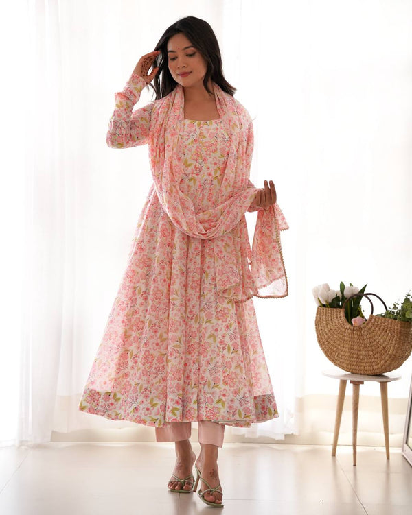 Gorgeous Floral Print Peach Color Anarkali Suit