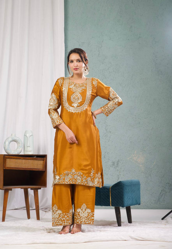 Adorable Embroidery Work Mustard Color Salwar Suit