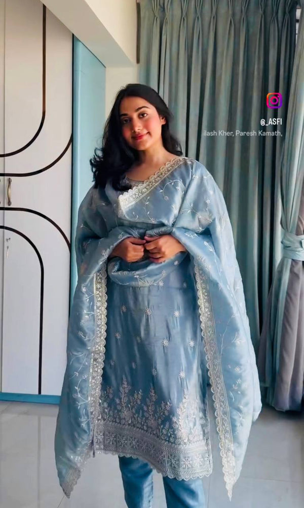 Attractive Sequence Work Sky Color Suit Set