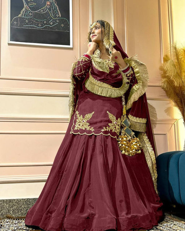 Function Wear Bids Hand Work Maroon Color Top With Lehenga