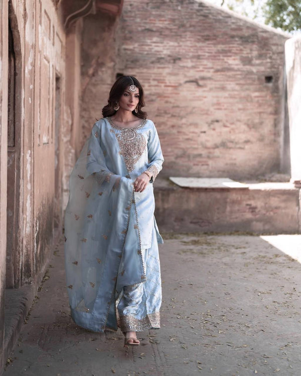 Wonderful Embroidery Work Sky Color Palazzo Suit