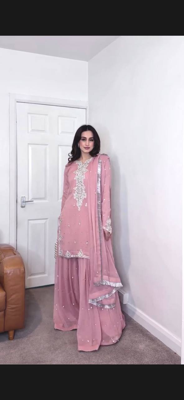 Preferable Georgette Peach Color Palazzo Suit