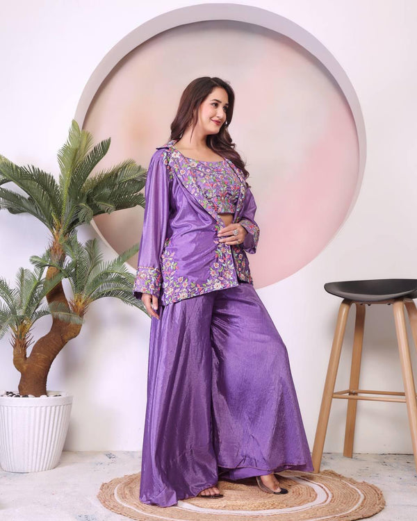 Adorable Multi Embroidery Work Lavender Color Palazzo Suit With Koti