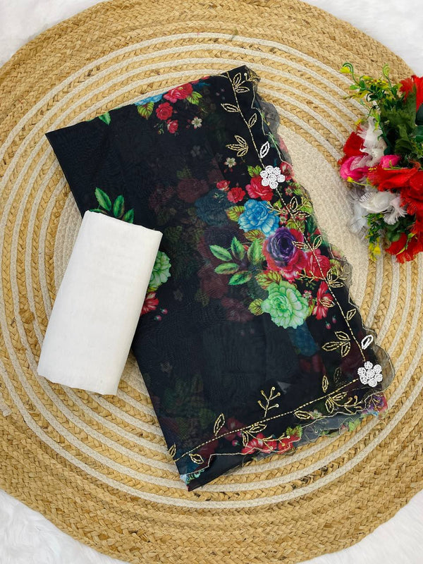 Attractive Flower Print Black Color Saree