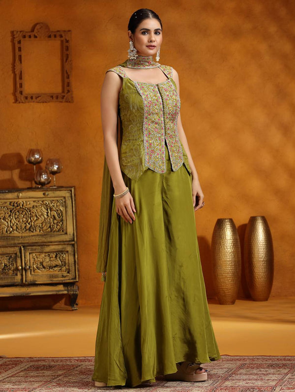Wedding Wear Embroidery Work Mehndi Color Palazzo Suit