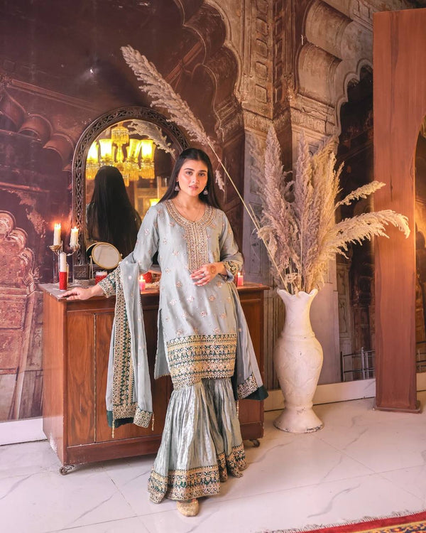 Outstanding Embroidery Work Grey Color Sharara Suit