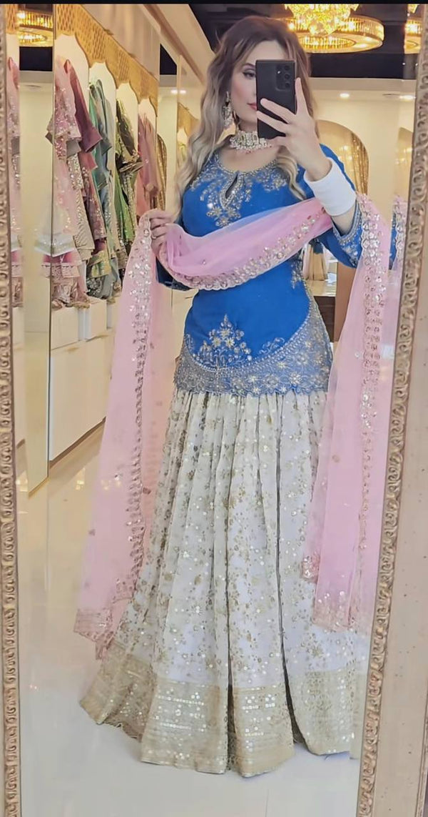 Traditional Wear Embroidery Work Blue Color Top With Lehenga