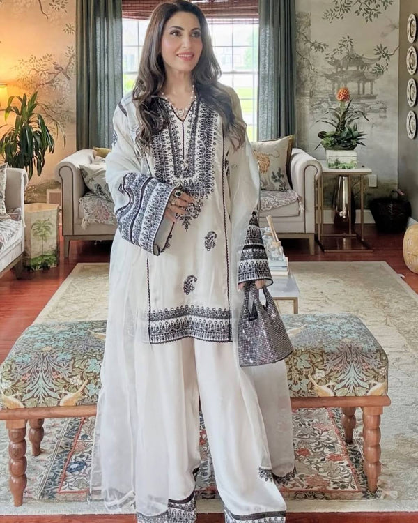 Stunning Embroidery Work White Color Palazzo Suit