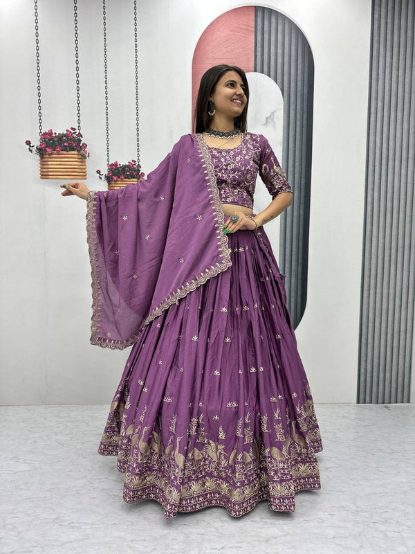 Wedding Wear Embroidery Work Lavender Color Lehenga Choli