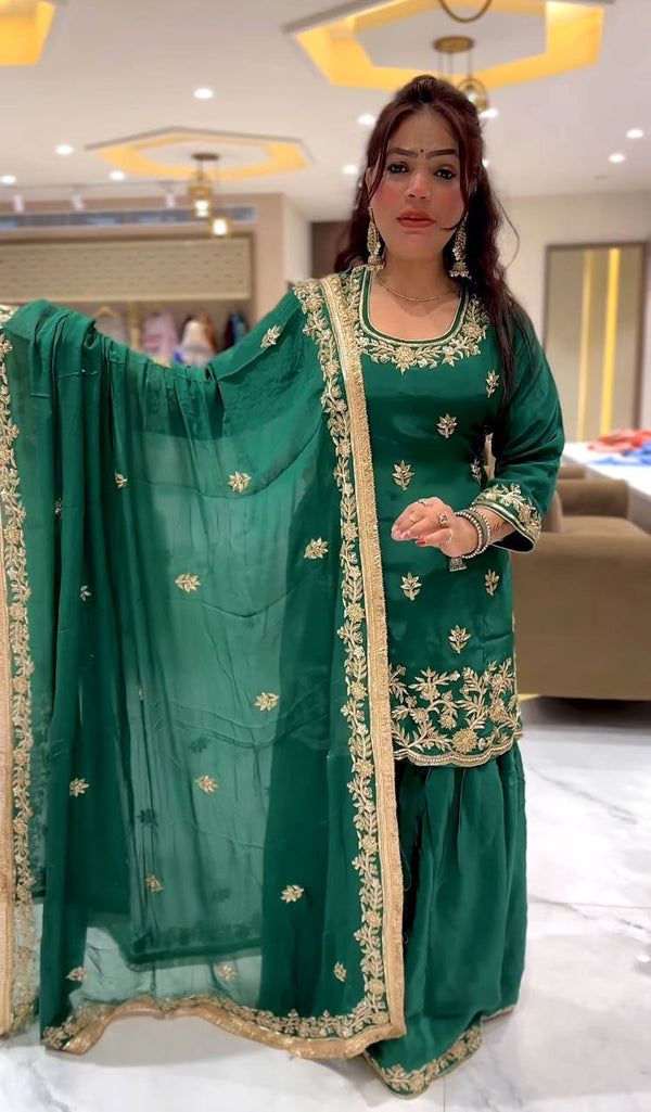 Delightful Embroidery Work Green Color Sharara Suit