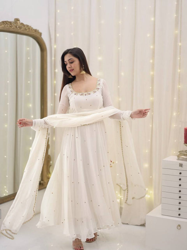 Outstanding Georgette White Color Full Sleeve Gown