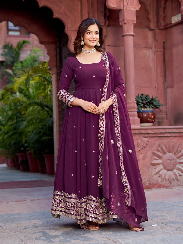 Outstanding Wine Color Georgette Gown With Dupatta
