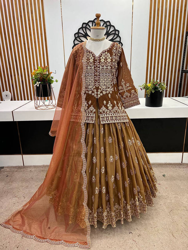 Georgette Embroidery Work Brown Color Top With Lehenga Choli