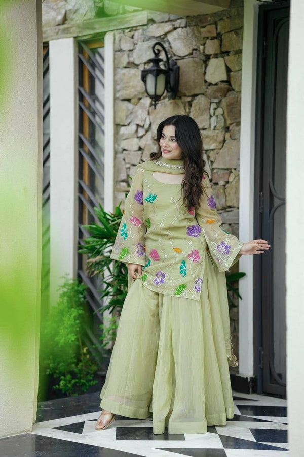 Multi Floral Work Georgette Pista Color Sharara Suit