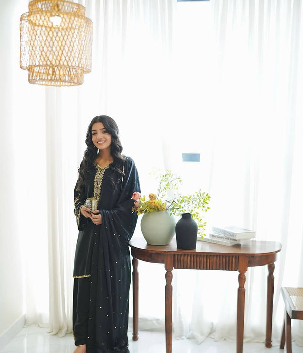 Embroidery Work Black Color Fancy Palazzo Suit