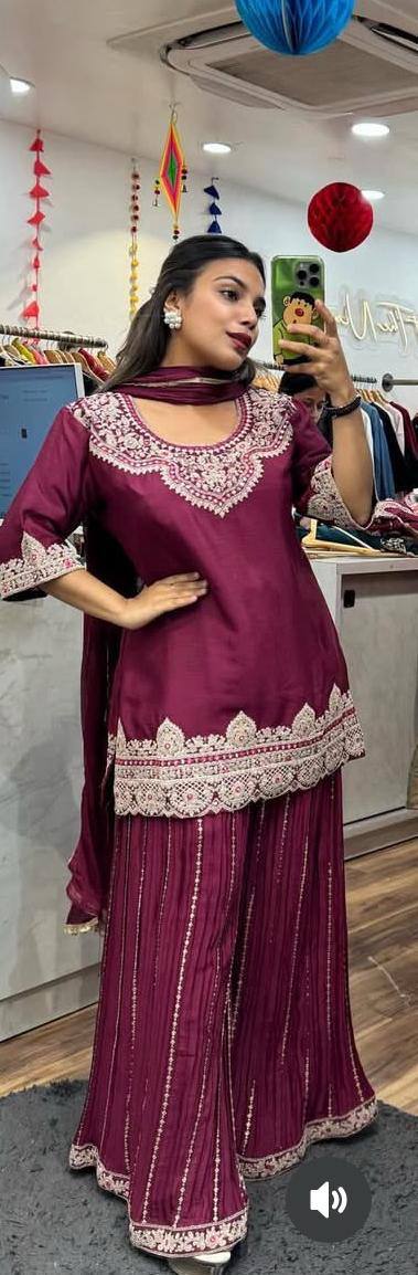 Chinon Silk Wine Color Embroidery Work Sharara Suit
