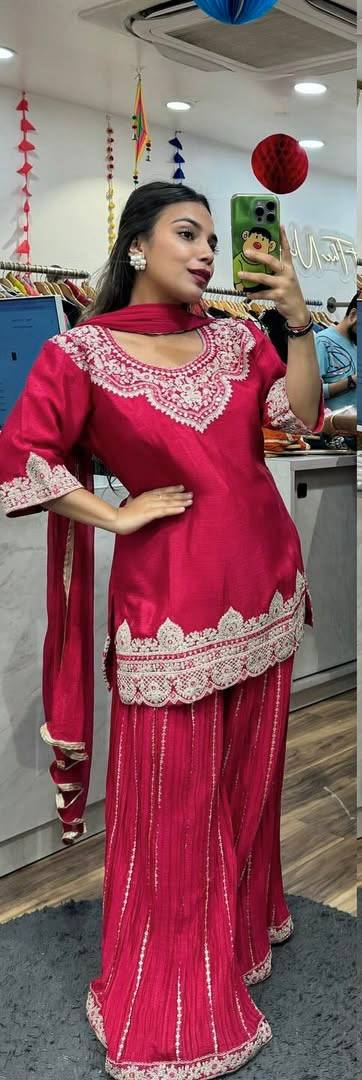 Chinon Silk Pink Color Embroidery Work Sharara Suit