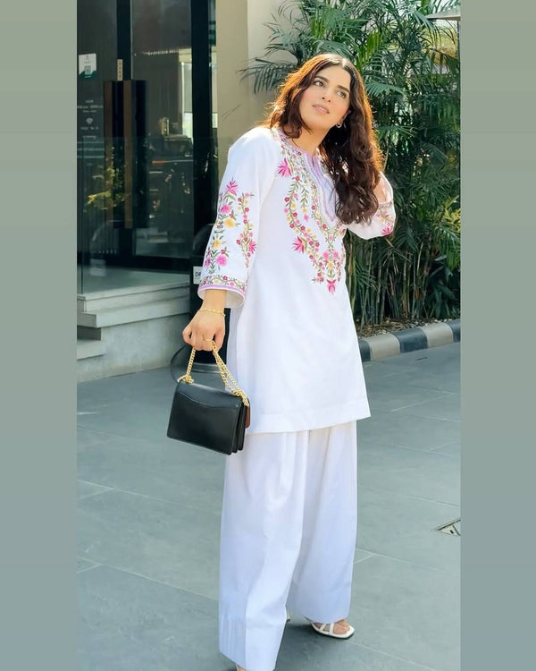 Attractive White Color Embroidered Palazzo Suit