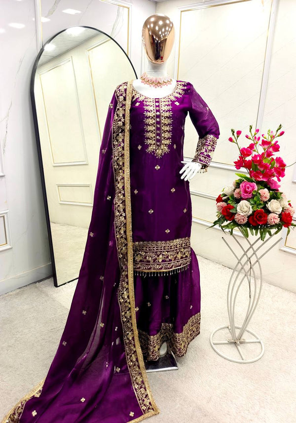 Outstanding Wine Color Sequence Work Sharara Suit