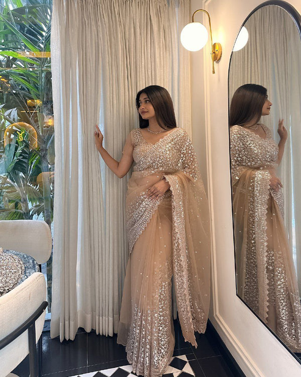 Party Wear Sequence Work Beige Color Silk Saree