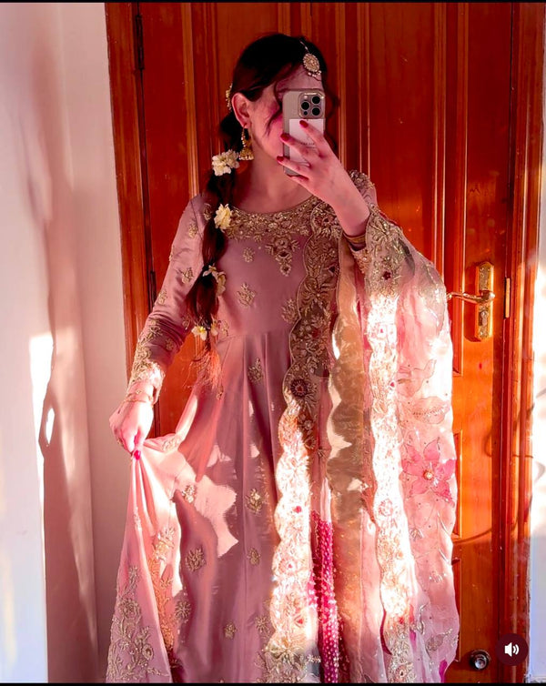 Embroidery Work Pink Color Designer Gown With Dupatta