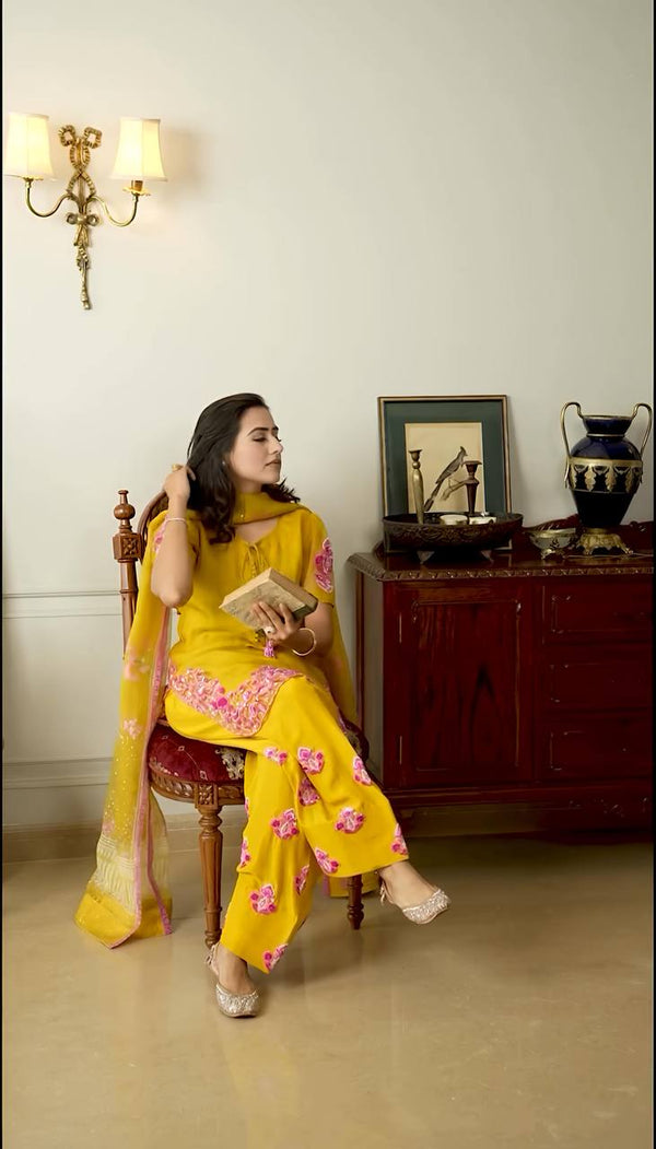 Yellow Color Embroidery Work Farshi Salwar Suit
