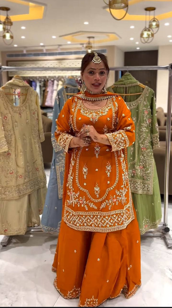 Orange Color Heavy Work Glimmering Sharara Suit