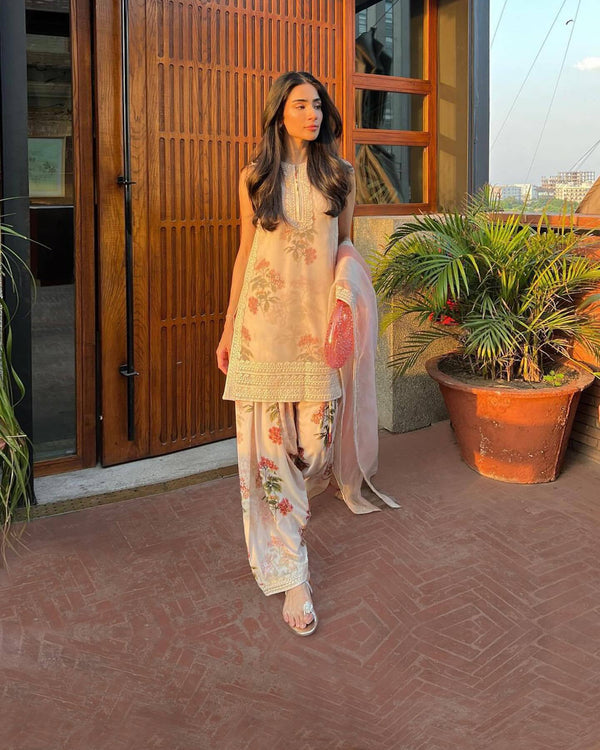 Peach Color Embroidery Work Trendy Palazzo Suit