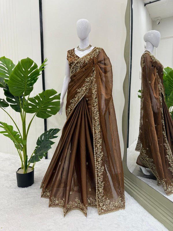 Brown Color Sequence Work Silk Saree