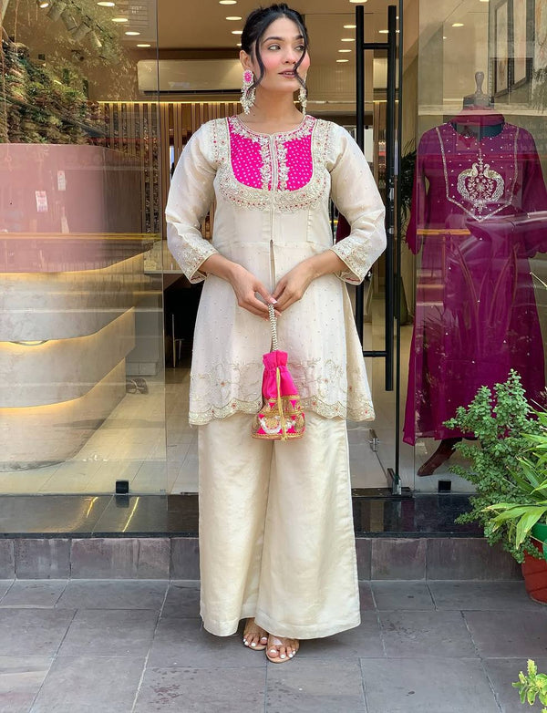 Embroidery Work Cream With Pink Color Co-ord Set