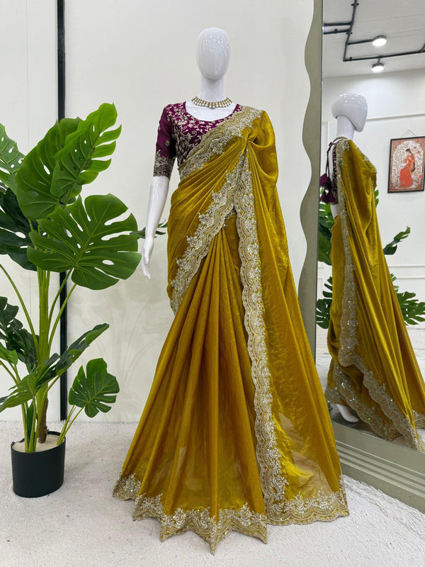 Mustard Color Sequence Work Fancy Silk Saree