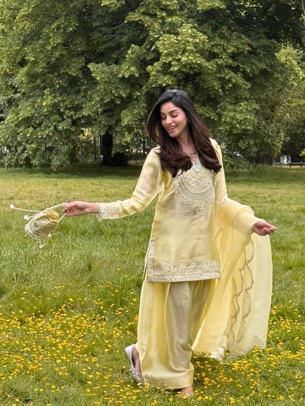 Yellow Color Peal Moti Work Punjabi Style Palazzo Suit