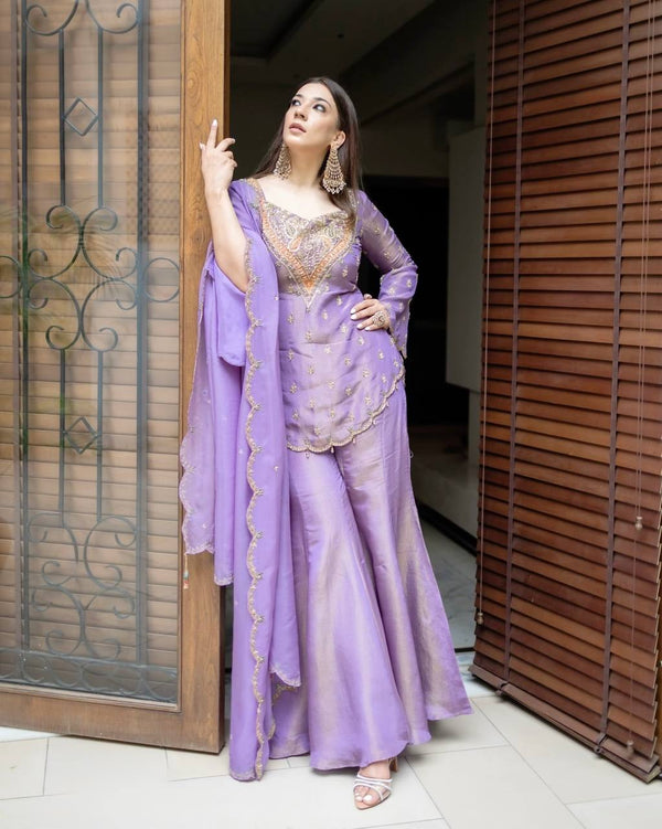 Party Wear Lavender Color Silk Palazzo Suit