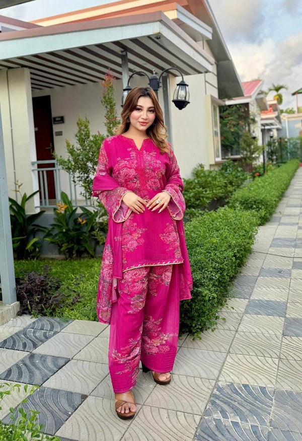 Georgette Dark Pink Color Full Sleeve Palazzo Suit