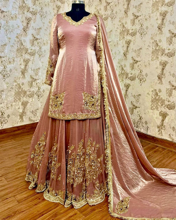 Elegant Heavy Work Peach Color Sharara Suit