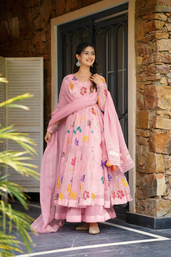 Floral Work Peach Color Beautiful Gown With Sharara