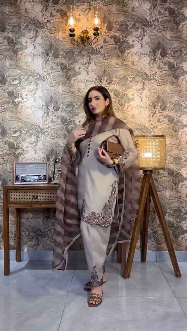 Georgette Gray Color Embroidery Work Straight Salwar Suit