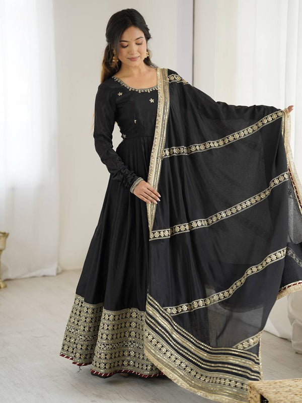 Chinon Silk Sequence Work Black Color Anarkali Gown