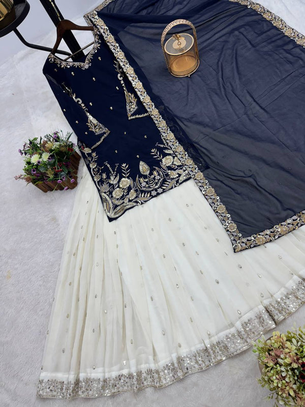 Navy Blue Color Embroidery Work Top With Lehenga