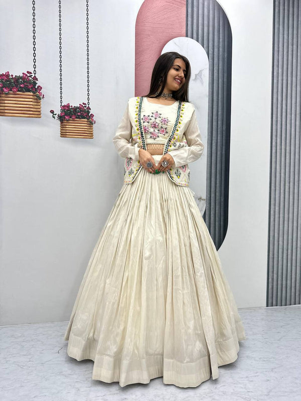Diamond Work White Color Lehenga Choli Set With Koti