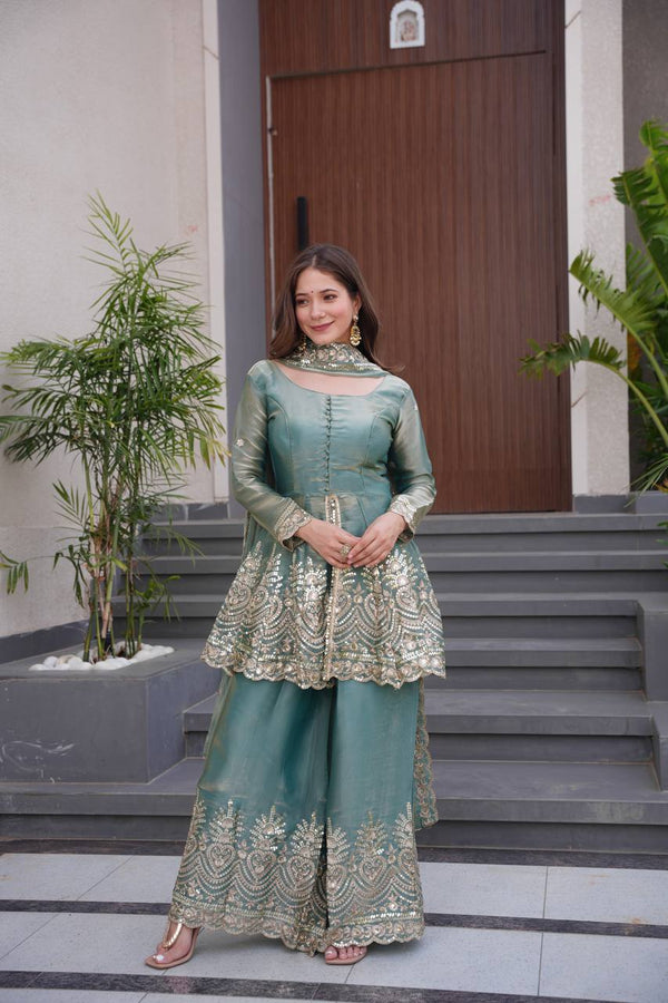 Teal Green Color Stylish Gown With Sharara
