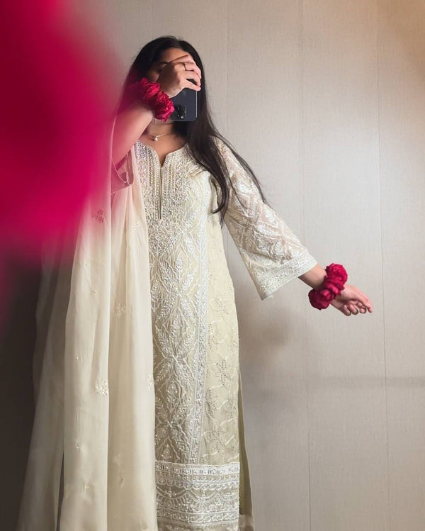 Off White Color Sequence Work Straight Suit Set