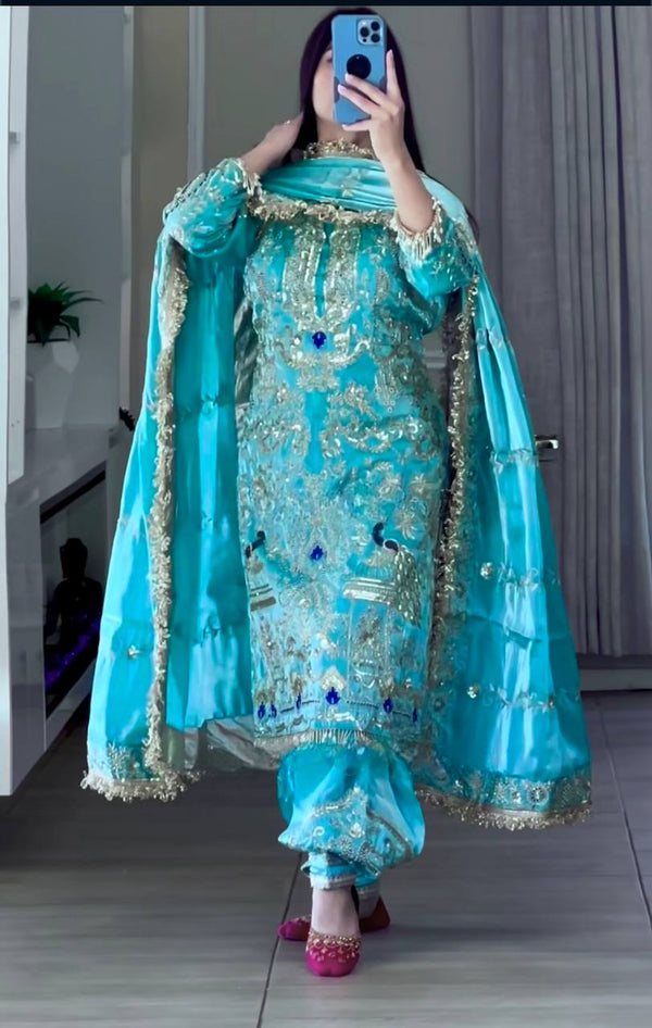 Sky Blue Color Sequence Work Punjabi Style Dhoti Salwar With Dupatta