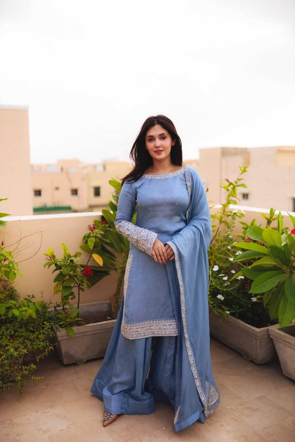 Sky Blue Color Sequence Work Punjabi Style Sharara Suit