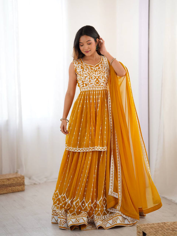 Georgette Heavy Work Yellow Color Top With Lehenga