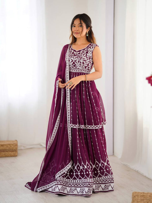Georgette Heavy Work Wine Color Top With Lehenga
