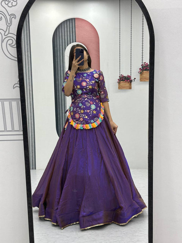 Fancy Purple Color Thread Work Top With Lehenga