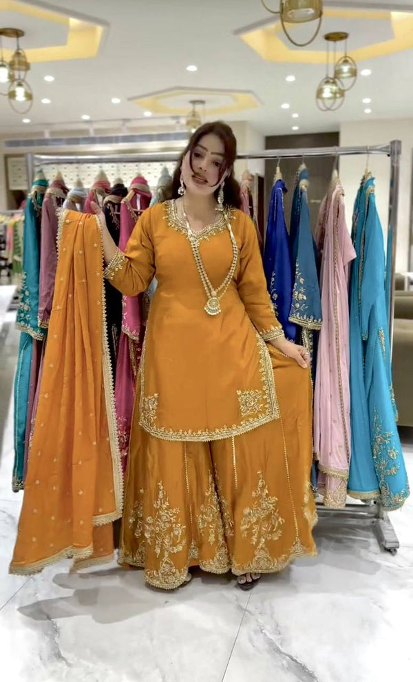 Embroidered Mustard Color Sharara Suit